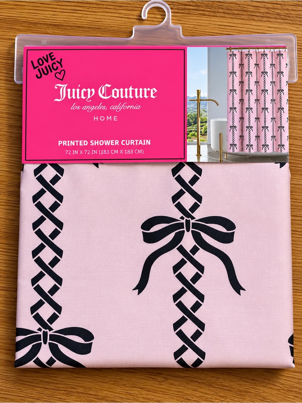 Juicy Couture Pink & Black Bow Print Shower Curtain 72” x 72” NEW